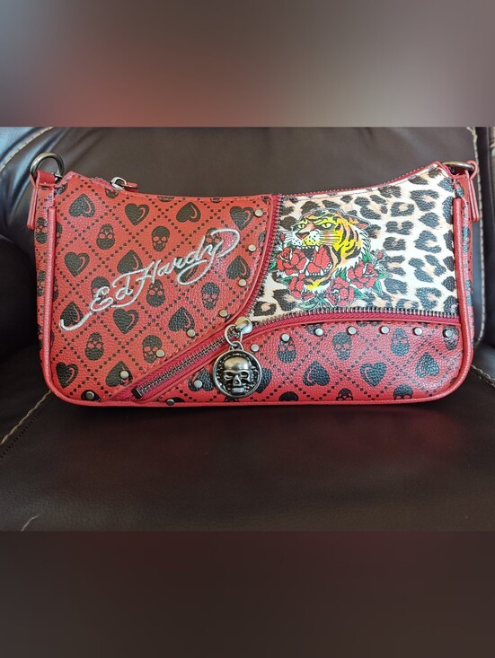 Ed Hardy Handbags - Ed Hardy Red Leopard & Heart Patch Shoulder/Crossbody Bag with Tiger Motif